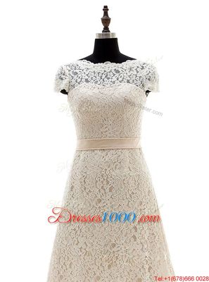 Excellent With Train Champagne Wedding Gowns Scoop Short Sleeves Brush Train Lace Up