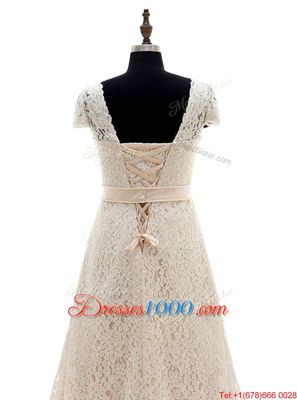 Excellent With Train Champagne Wedding Gowns Scoop Short Sleeves Brush Train Lace Up