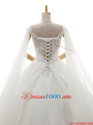 White V-neck Lace Up Lace Wedding Dress Chapel Train Sleeveless