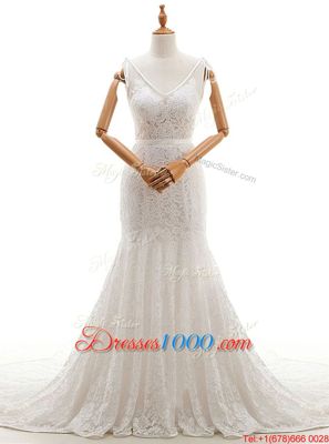 Edgy White Mermaid Lace Wedding Dress Backless Lace Sleeveless With Train