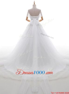 Captivating White Cap Sleeves Tulle Court Train Lace Up Wedding Dresses for Wedding Party