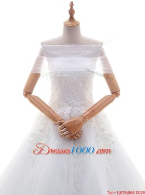 Captivating White Cap Sleeves Tulle Court Train Lace Up Wedding Dresses for Wedding Party