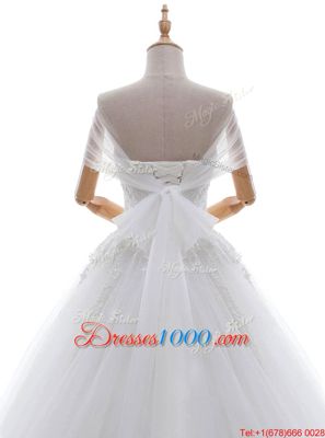 Captivating White Cap Sleeves Tulle Court Train Lace Up Wedding Dresses for Wedding Party