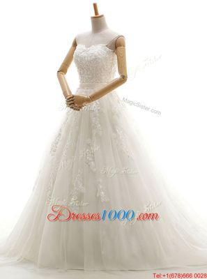 White Lace Up Strapless Appliques Wedding Gowns Satin Sleeveless Cathedral Train