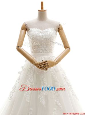 White Lace Up Strapless Appliques Wedding Gowns Satin Sleeveless Cathedral Train