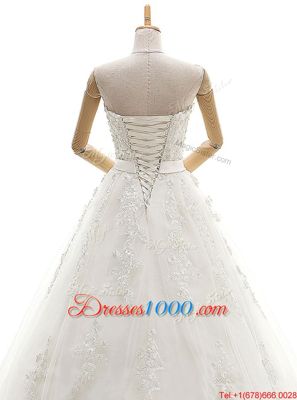 White Lace Up Sweetheart Appliques Wedding Gown Tulle Sleeveless Court Train
