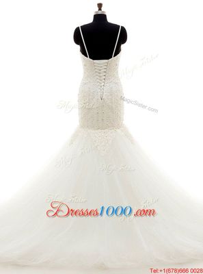 Designer Mermaid White Tulle Lace Up Spaghetti Straps Sleeveless With Train Wedding Dress Brush Train Beading and Lace