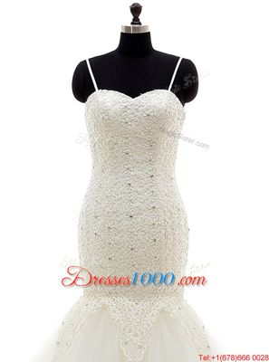 Designer Mermaid White Tulle Lace Up Spaghetti Straps Sleeveless With Train Wedding Dress Brush Train Beading and Lace