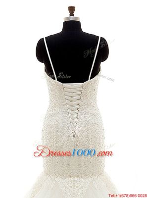 Designer Mermaid White Tulle Lace Up Spaghetti Straps Sleeveless With Train Wedding Dress Brush Train Beading and Lace