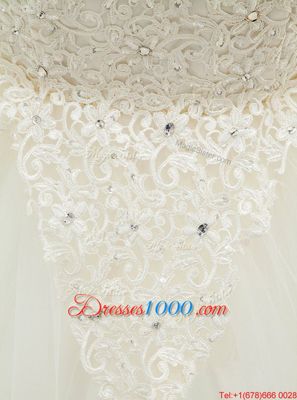 Designer Mermaid White Tulle Lace Up Spaghetti Straps Sleeveless With Train Wedding Dress Brush Train Beading and Lace