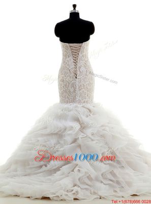 Deluxe Mermaid White Tulle Lace Up Wedding Dresses Sleeveless With Brush Train Lace and Ruffles