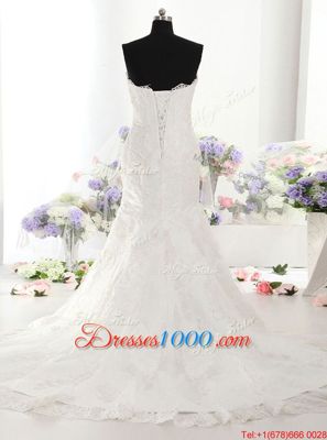 Superior Mermaid White Sweetheart Lace Up Lace Wedding Gown Court Train Sleeveless