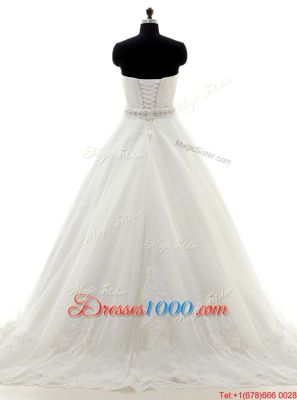 Custom Made Mermaid Scoop White Sleeveless Brush Train Beading and Lace With Train Bridal Gown