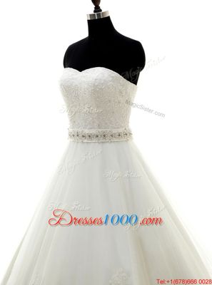 Custom Made Mermaid Scoop White Sleeveless Brush Train Beading and Lace With Train Bridal Gown
