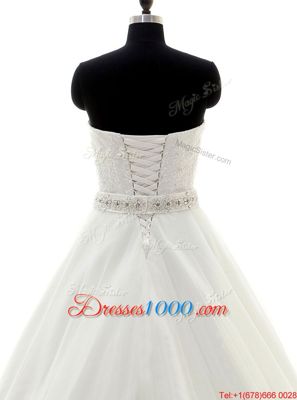 Custom Made Mermaid Scoop White Sleeveless Brush Train Beading and Lace With Train Bridal Gown