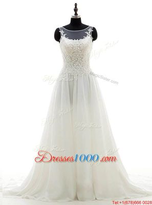 Simple Scoop Sleeveless Chiffon Wedding Dress Lace Brush Train Clasp Handle