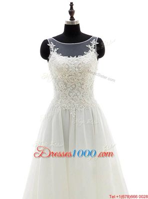 Simple Scoop Sleeveless Chiffon Wedding Dress Lace Brush Train Clasp Handle
