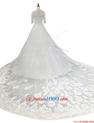 Off the Shoulder Lace Half Sleeves With Train Bridal Gown Chapel Train and Lace