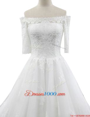 Off the Shoulder Lace Half Sleeves With Train Bridal Gown Chapel Train and Lace