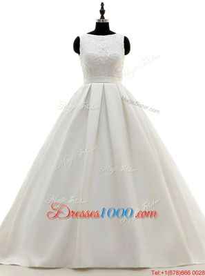 Scoop White Sleeveless Satin Brush Train Criss Cross Wedding Dress for Wedding Party