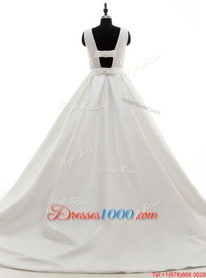Scoop White Sleeveless Satin Brush Train Criss Cross Wedding Dress for Wedding Party
