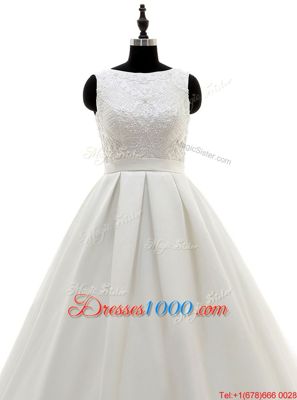 Scoop White Sleeveless Satin Brush Train Criss Cross Wedding Dress for Wedding Party
