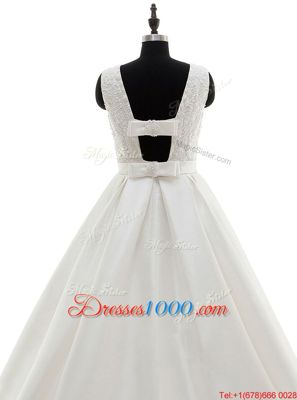 Scoop White Sleeveless Satin Brush Train Criss Cross Wedding Dress for Wedding Party