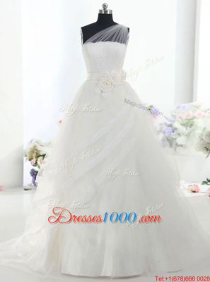 White Wedding Dress Wedding Party and For with Lace and Hand Made Flower One Shoulder Sleeveless Brush Train Lace Up