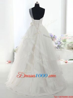 White Wedding Dress Wedding Party and For with Lace and Hand Made Flower One Shoulder Sleeveless Brush Train Lace Up