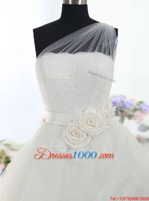 White Wedding Dress Wedding Party and For with Lace and Hand Made Flower One Shoulder Sleeveless Brush Train Lace Up