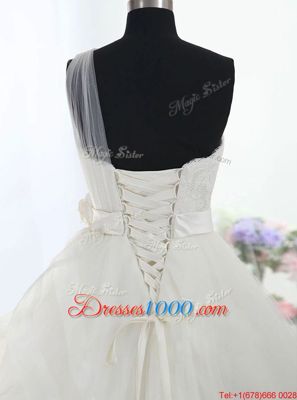 White Wedding Dress Wedding Party and For with Lace and Hand Made Flower One Shoulder Sleeveless Brush Train Lace Up