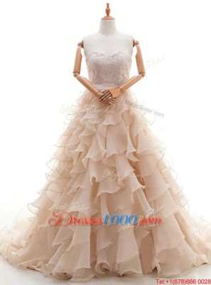 Best Peach Lace Up Wedding Gowns Lace and Ruffled Layers Sleeveless With Brush Train
