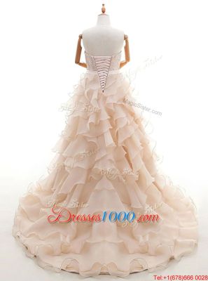 Best Peach Lace Up Wedding Gowns Lace and Ruffled Layers Sleeveless With Brush Train