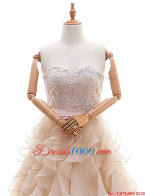 Best Peach Lace Up Wedding Gowns Lace and Ruffled Layers Sleeveless With Brush Train