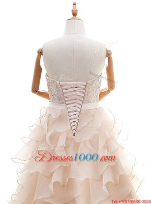 Best Peach Lace Up Wedding Gowns Lace and Ruffled Layers Sleeveless With Brush Train
