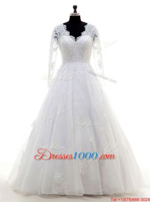 Simple V-neck Long Sleeves Organza Bridal Gown Beading and Lace and Appliques Clasp Handle