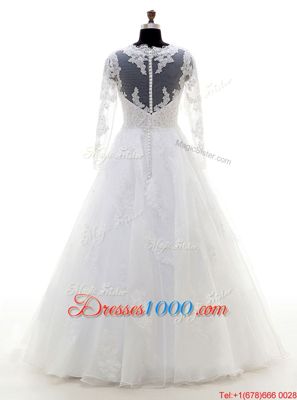 Simple V-neck Long Sleeves Organza Bridal Gown Beading and Lace and Appliques Clasp Handle