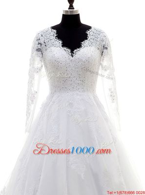 Simple V-neck Long Sleeves Organza Bridal Gown Beading and Lace and Appliques Clasp Handle