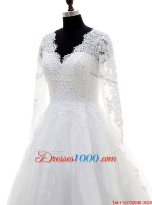 Simple V-neck Long Sleeves Organza Bridal Gown Beading and Lace and Appliques Clasp Handle