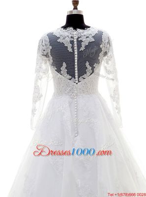Simple V-neck Long Sleeves Organza Bridal Gown Beading and Lace and Appliques Clasp Handle