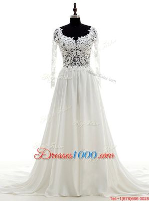 White Satin Backless Scoop Long Sleeves With Train Wedding Gowns Brush Train Lace