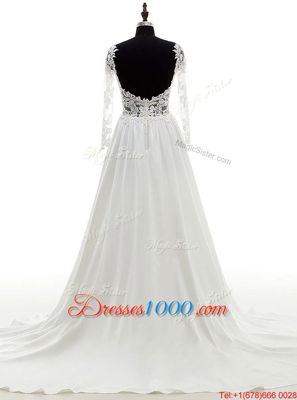 White Satin Backless Scoop Long Sleeves With Train Wedding Gowns Brush Train Lace