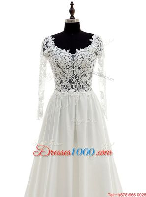 White Satin Backless Scoop Long Sleeves With Train Wedding Gowns Brush Train Lace