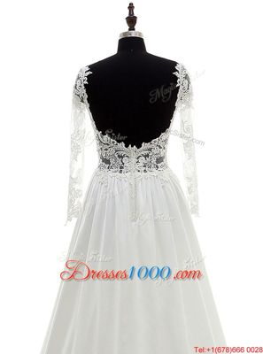 White Satin Backless Scoop Long Sleeves With Train Wedding Gowns Brush Train Lace