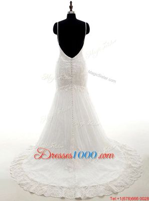 Mermaid White Backless Wedding Dresses Lace Sleeveless With Brush Train