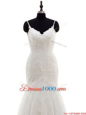 Mermaid White Backless Wedding Dresses Lace Sleeveless With Brush Train
