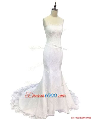 Custom Design Mermaid Scoop White Lace Zipper Wedding Dress Sleeveless With Train Sweep Train Lace and Appliques