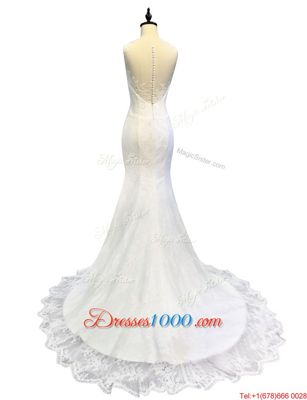 Custom Design Mermaid Scoop White Lace Zipper Wedding Dress Sleeveless With Train Sweep Train Lace and Appliques