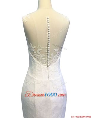 Custom Design Mermaid Scoop White Lace Zipper Wedding Dress Sleeveless With Train Sweep Train Lace and Appliques