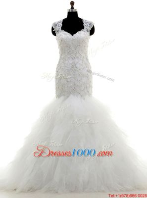 Dynamic Mermaid White Clasp Handle Wedding Gown Beading and Lace and Ruffles Cap Sleeves With Brush Train